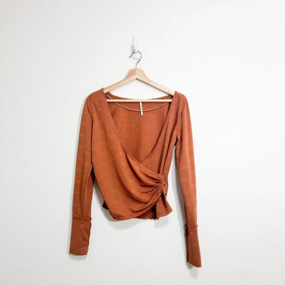☀️ FREE PEOPLE Penny Plunge Neck Stretch Wrap Long Sleeve Top Burnt Orange